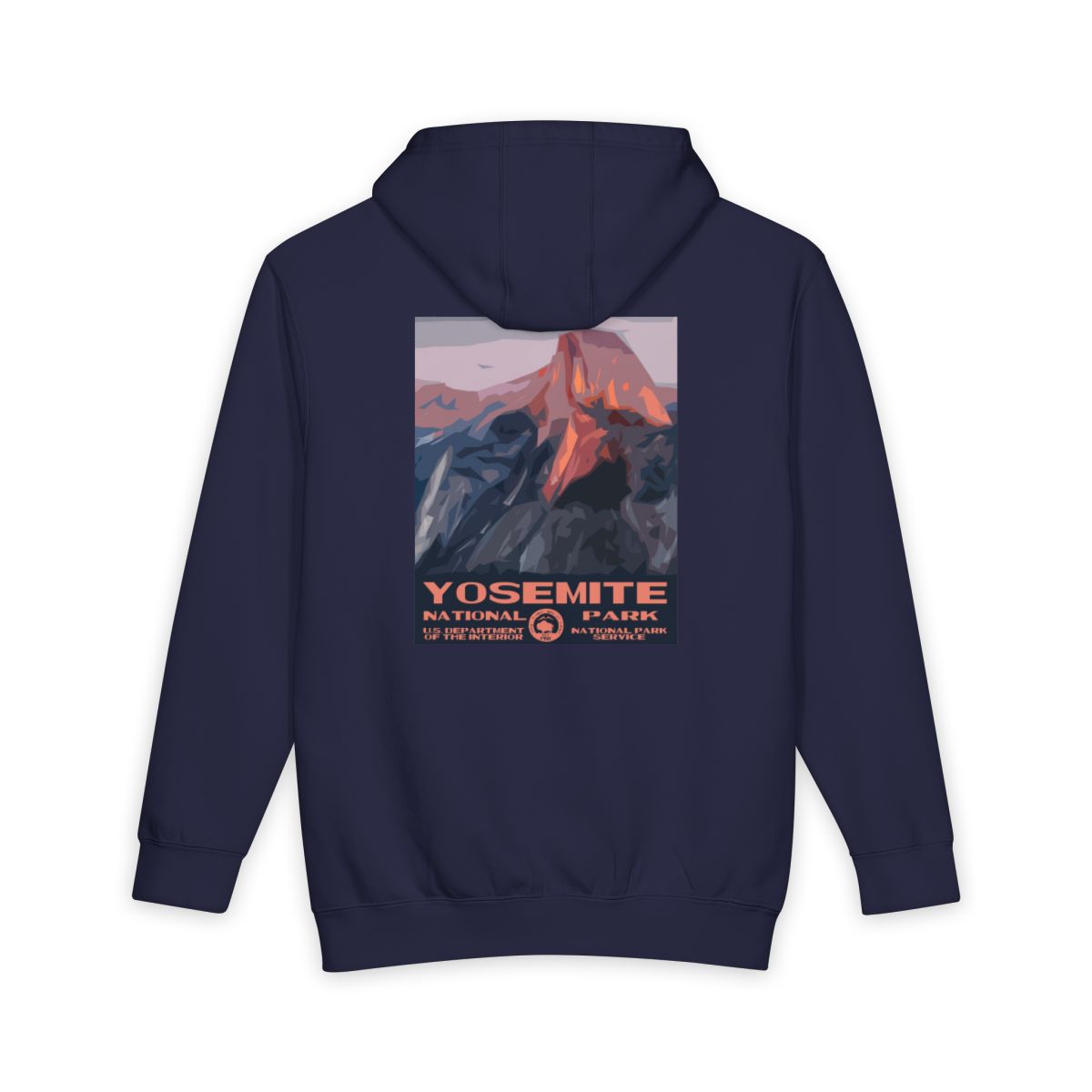 Navy Blue Yosemite National Park hoodie, back view with national park poster artwork