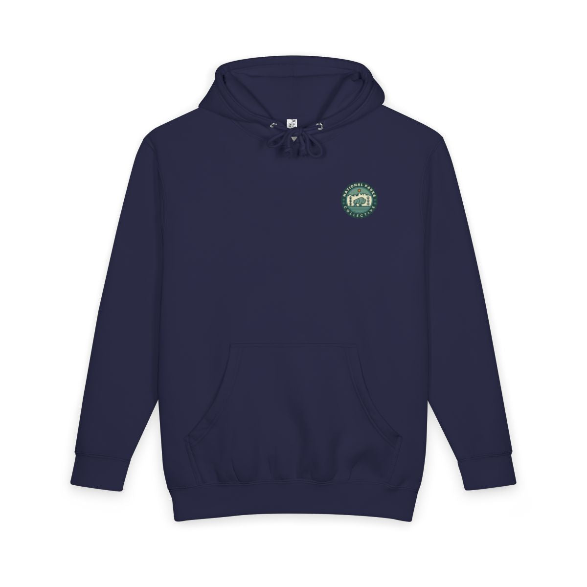 Navy Blue Yosemite National Park hoodie with national park poster artwork on the back, front view showing National Parks Collective chest emblem