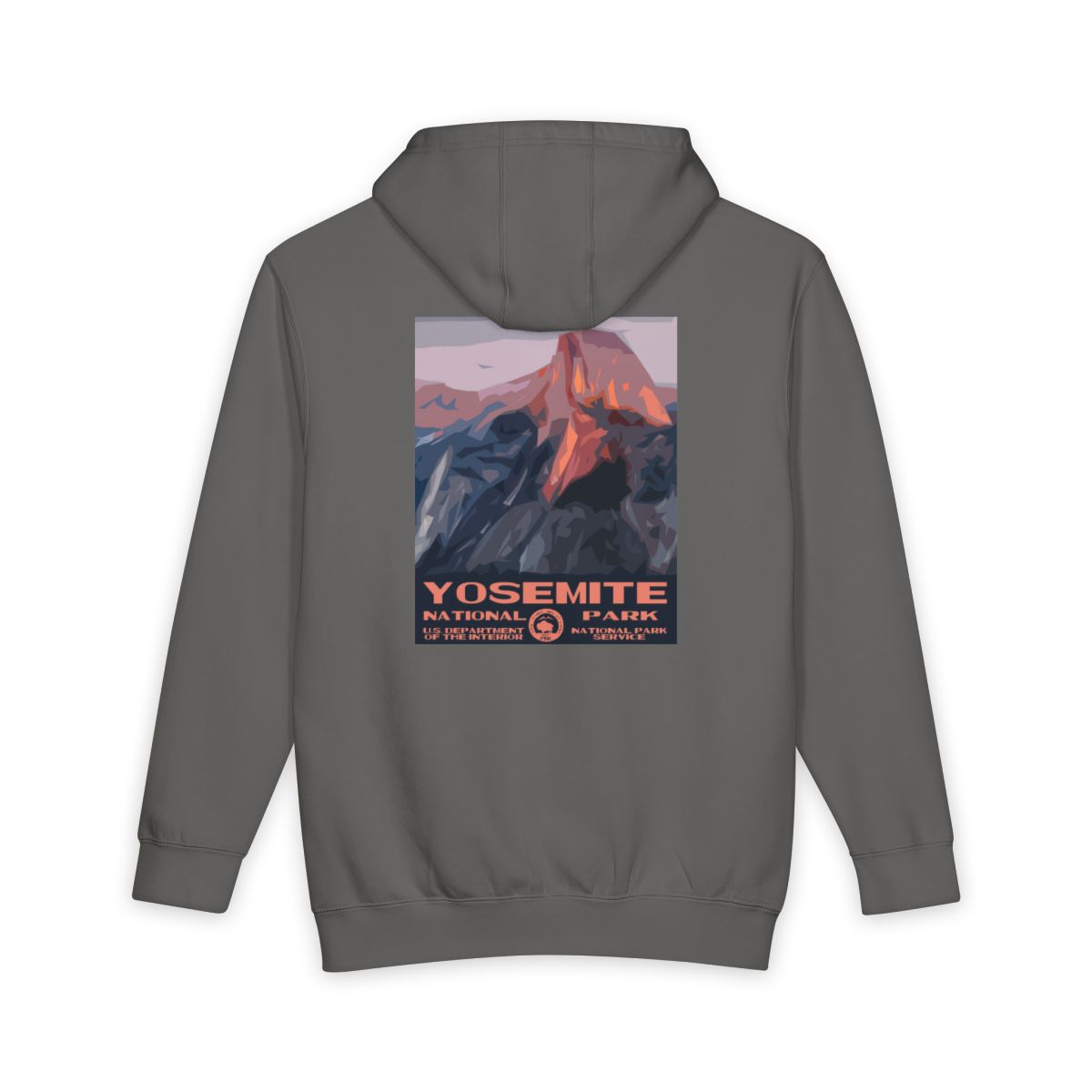 Storm Yosemite National Park hoodie, back view with national park poster artwork