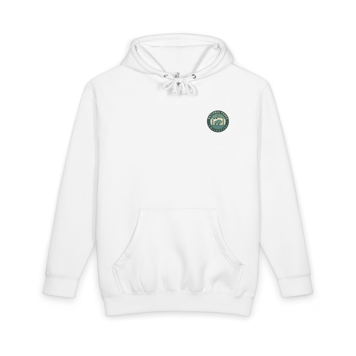 White Yosemite National Park hoodie with national park poster artwork on the back, front view showing National Parks Collective chest emblem