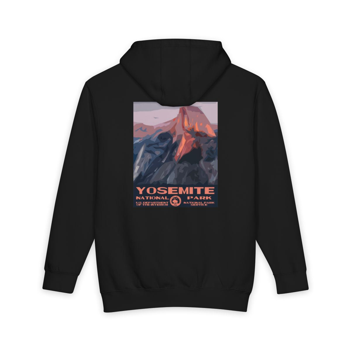Black Yosemite National Park hoodie, back view with national park poster artwork