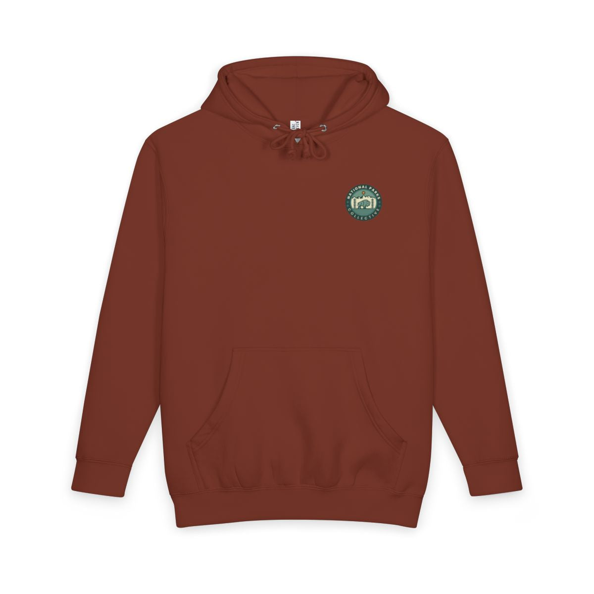 Paprika Yosemite National Park hoodie with national park poster artwork on the back, front view showing National Parks Collective chest emblem