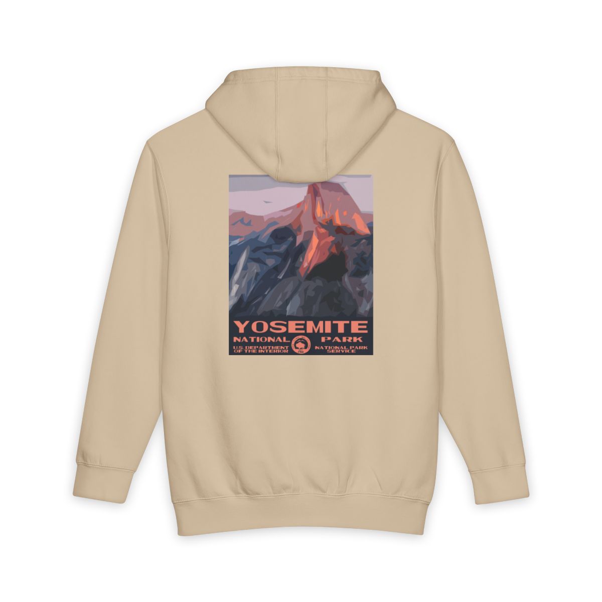 Mushroom Yosemite National Park hoodie, back view with national park poster artwork