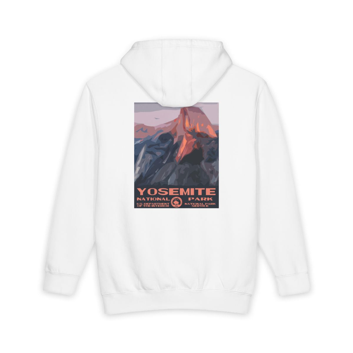 White Yosemite National Park hoodie, back view with national park poster artwork