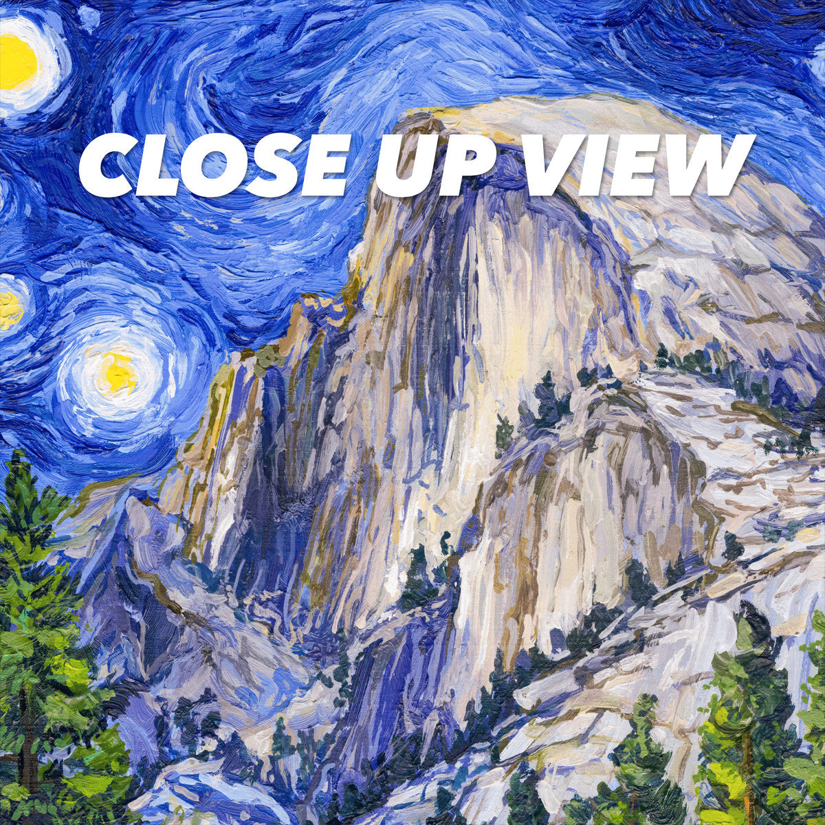 Close-up view of the Yosemite National Park Starry Night poster artwork, showing colorful Van Gogh-inspired brushwork