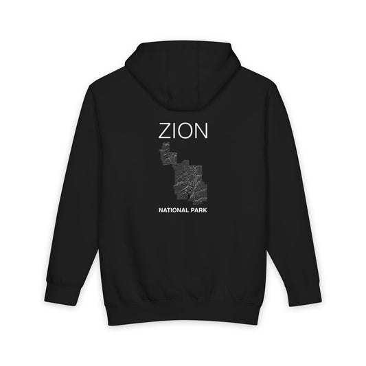 Black Zion National Park hoodie, back view with topographic line design