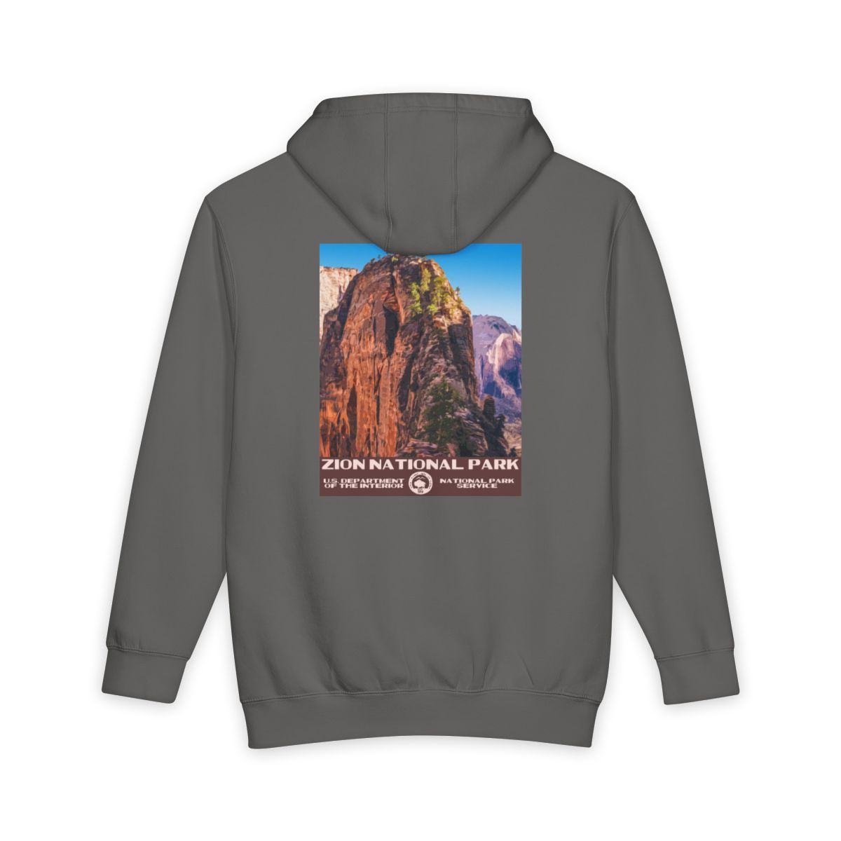 Storm Zion National Park hoodie, back view with national park poster artwork