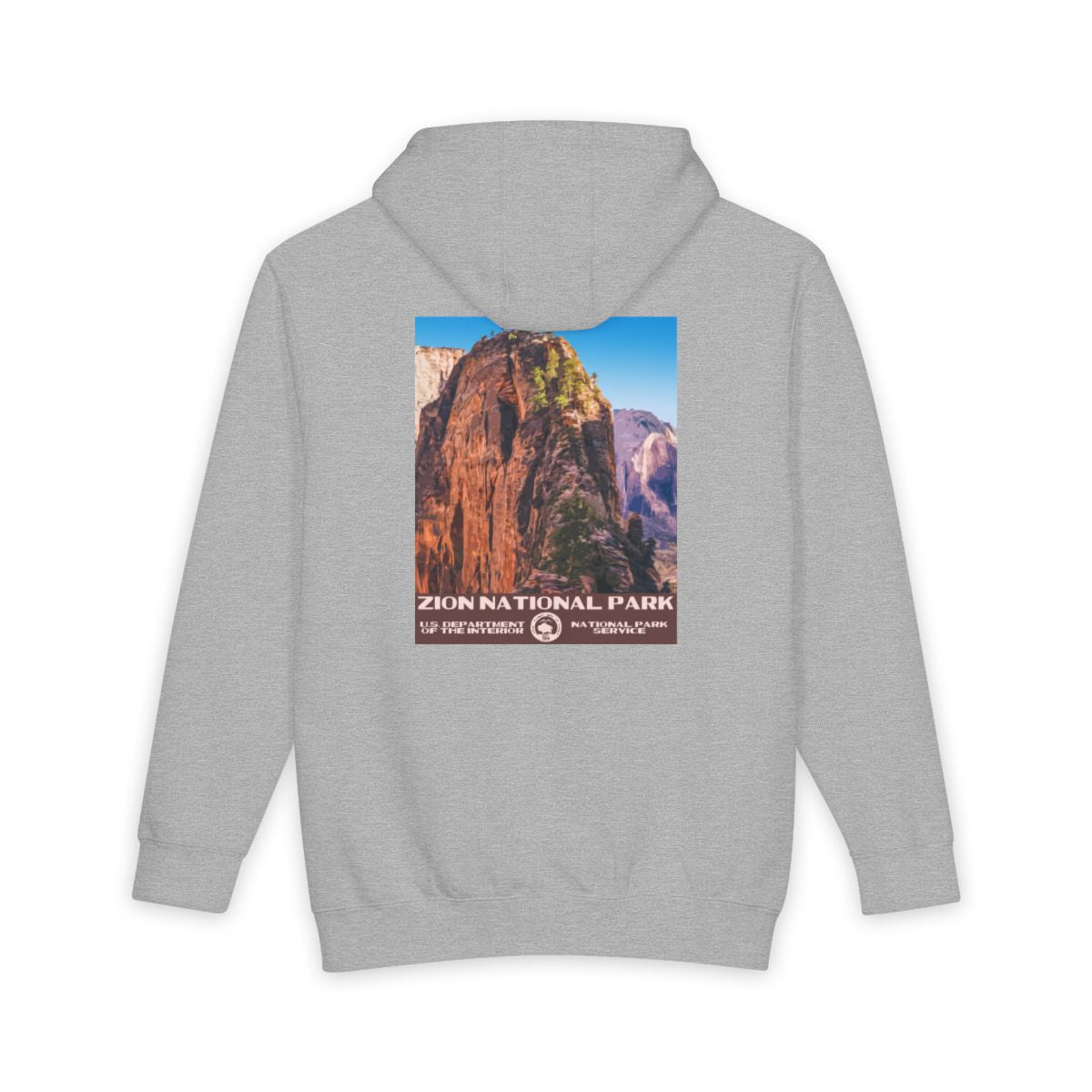 Heather Grey Zion National Park hoodie, back view with national park poster artwork