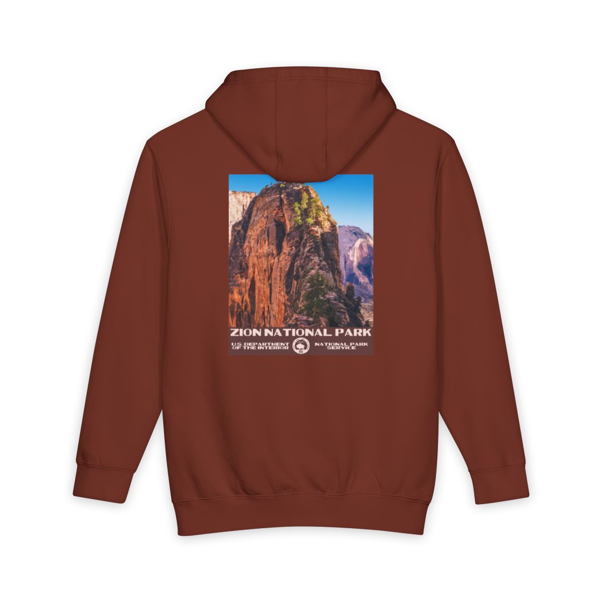 Paprika Zion National Park hoodie, back view with national park poster artwork