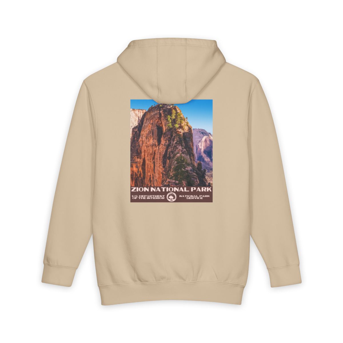 Mushroom Zion National Park hoodie, back view with national park poster artwork