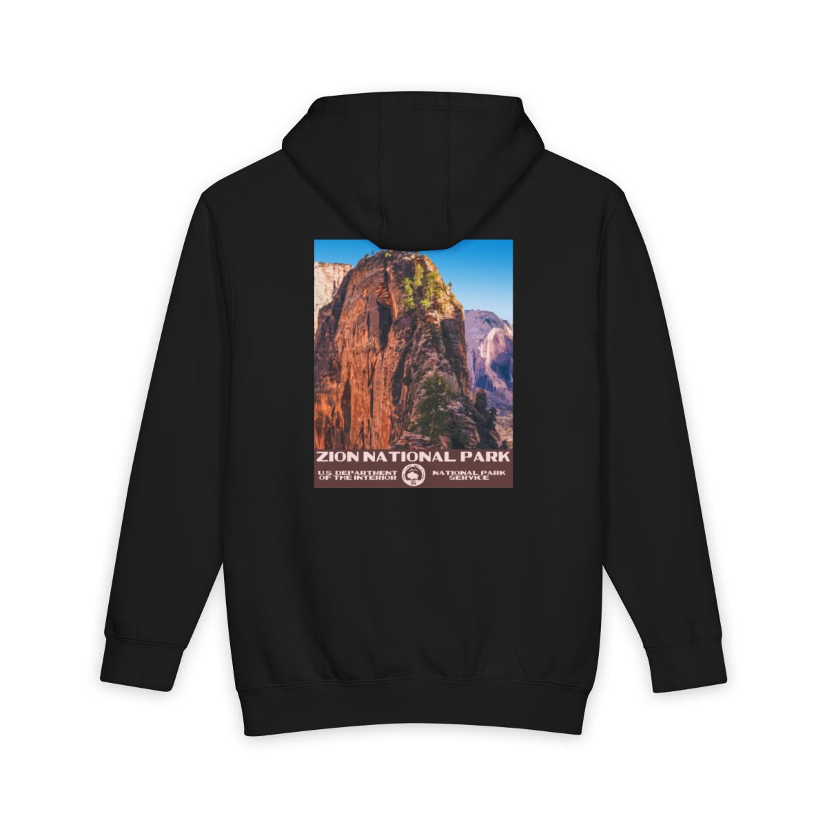 Black Zion National Park hoodie, back view with national park poster artwork