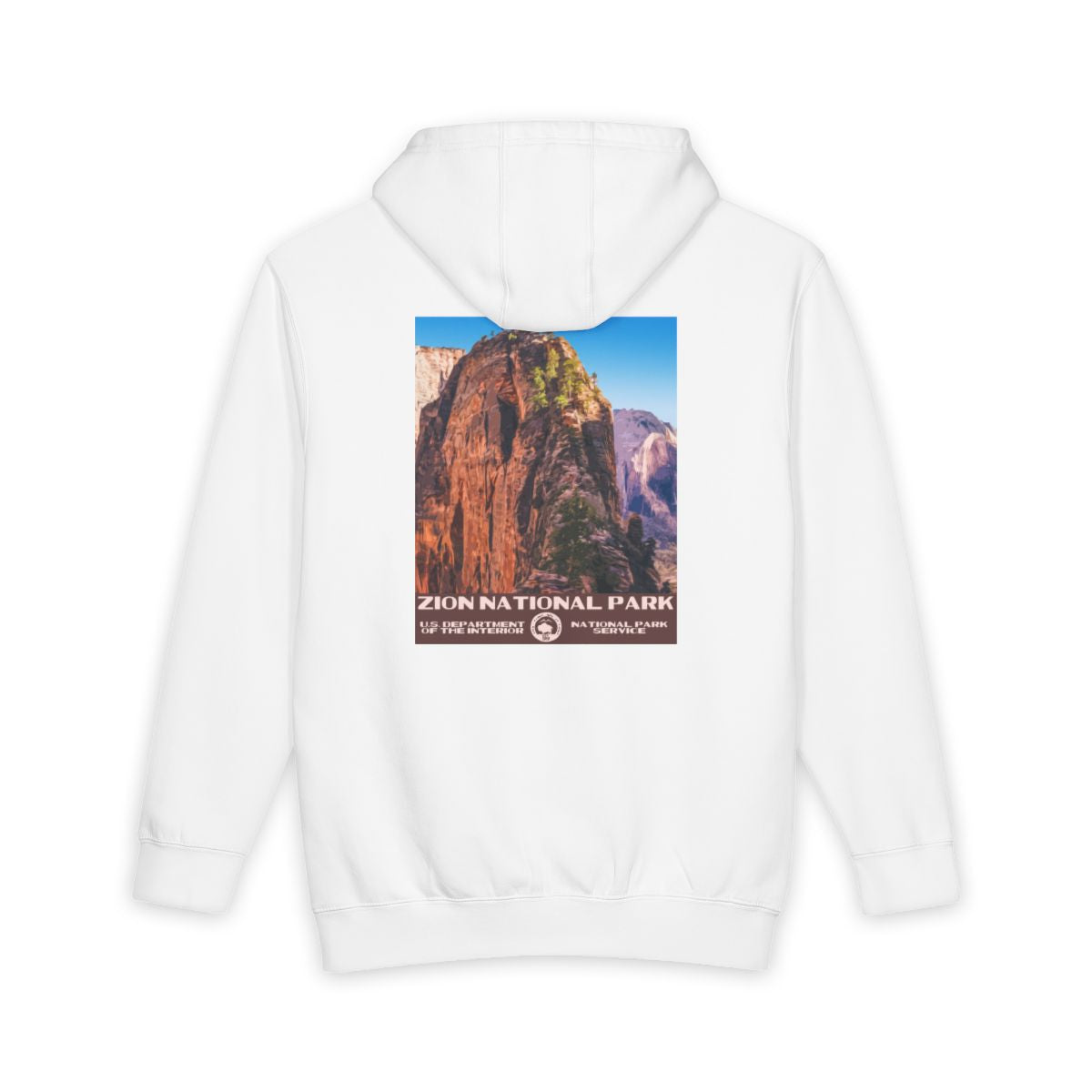 White Zion National Park hoodie, back view with national park poster artwork