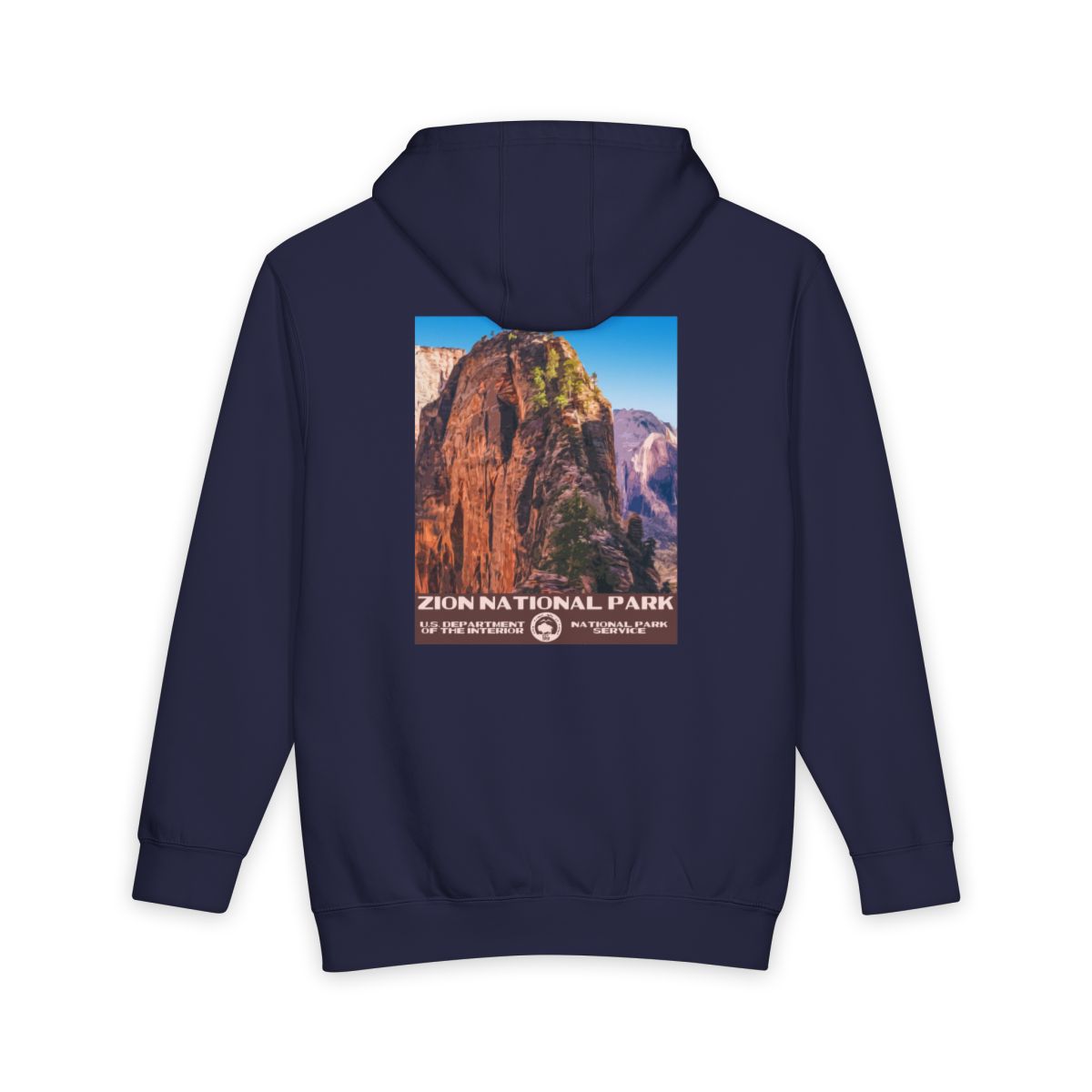 Navy Blue Zion National Park hoodie, back view with national park poster artwork
