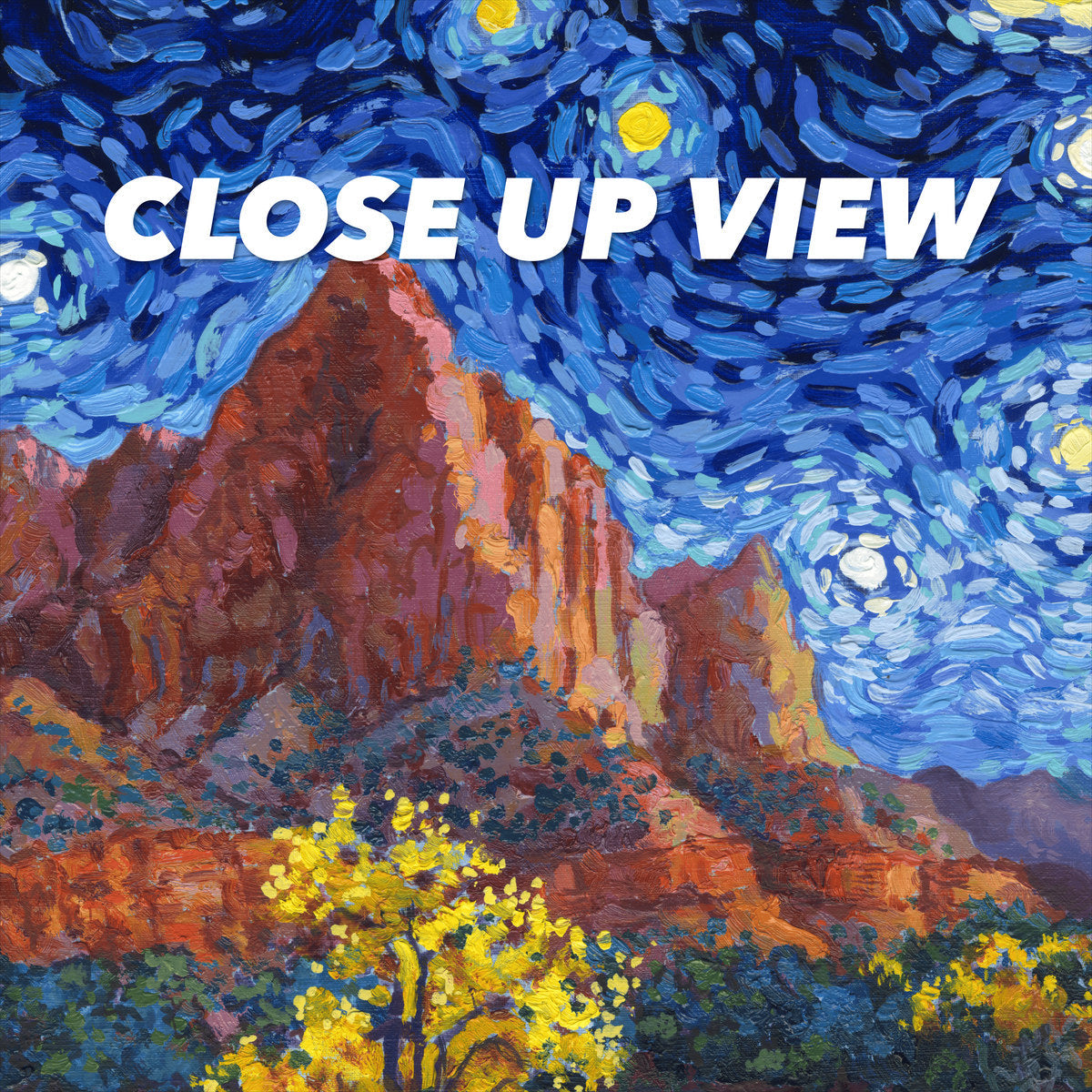 Close-up view of the Zion National Park Starry Night poster artwork, showing colorful Van Gogh-inspired brushwork