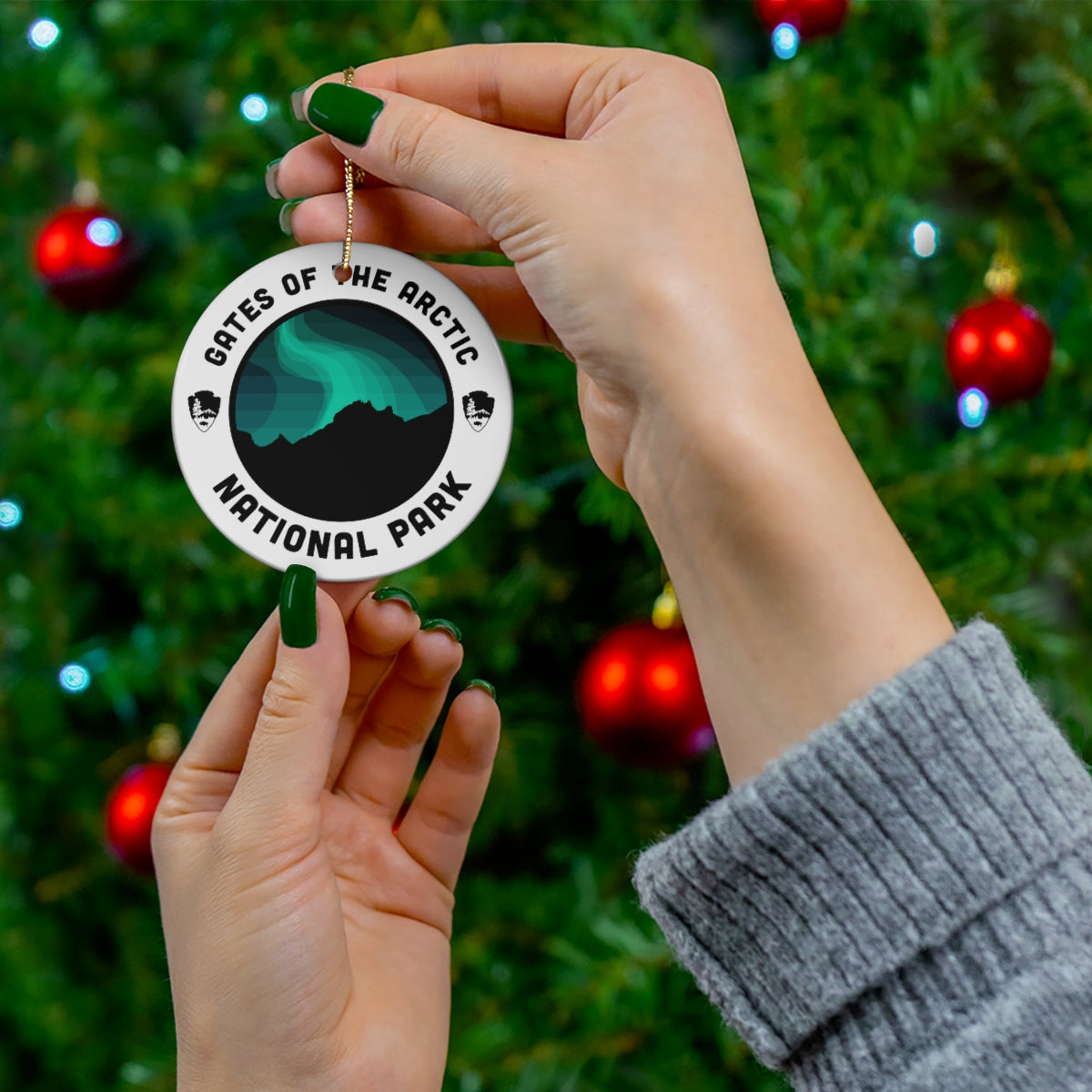 Gates of the Arctic National Park ornament featuring a round emblem design
